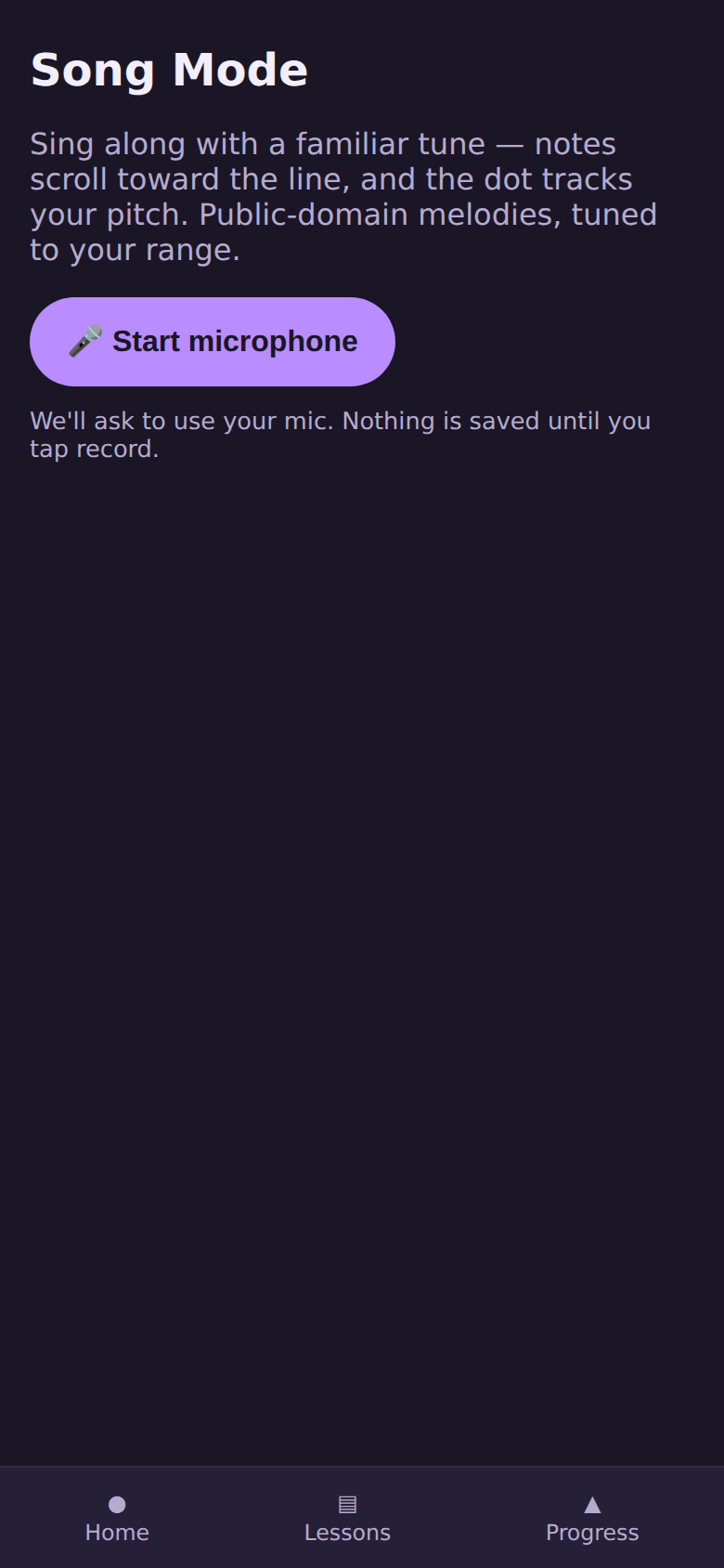 Aria — Song Mode screen describing scrolling-melody karaoke practice