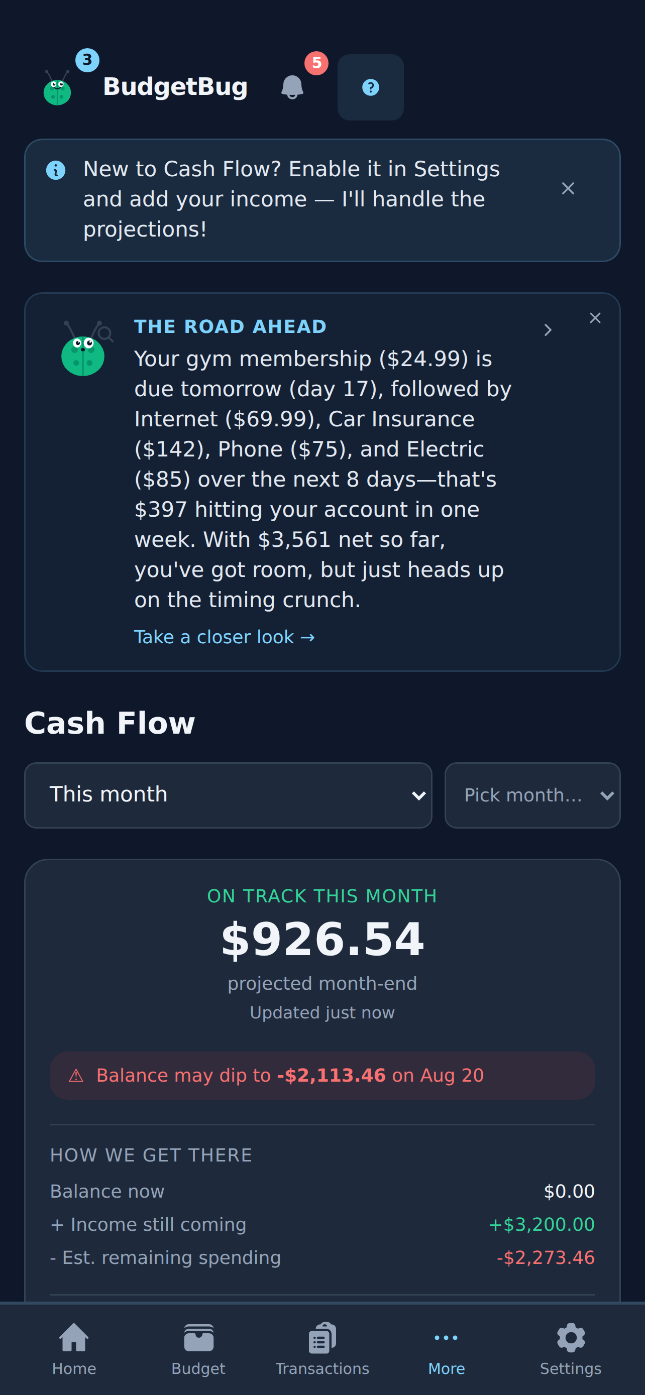 Cash flow screen in BudgetBug dark mode