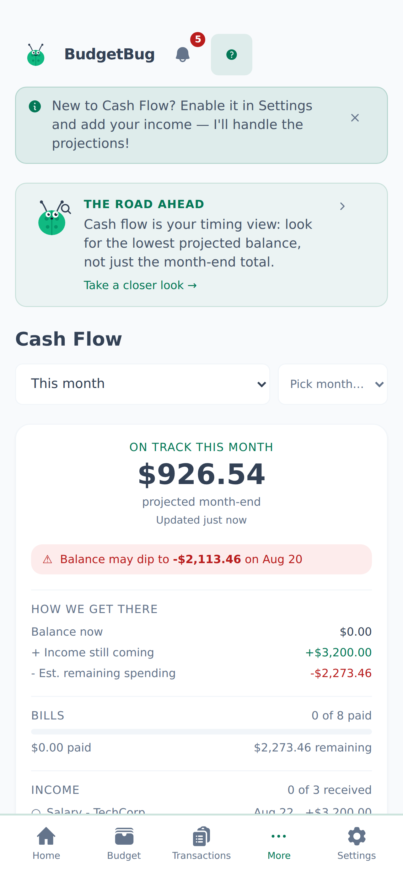 Cash flow screen in BudgetBug light mode