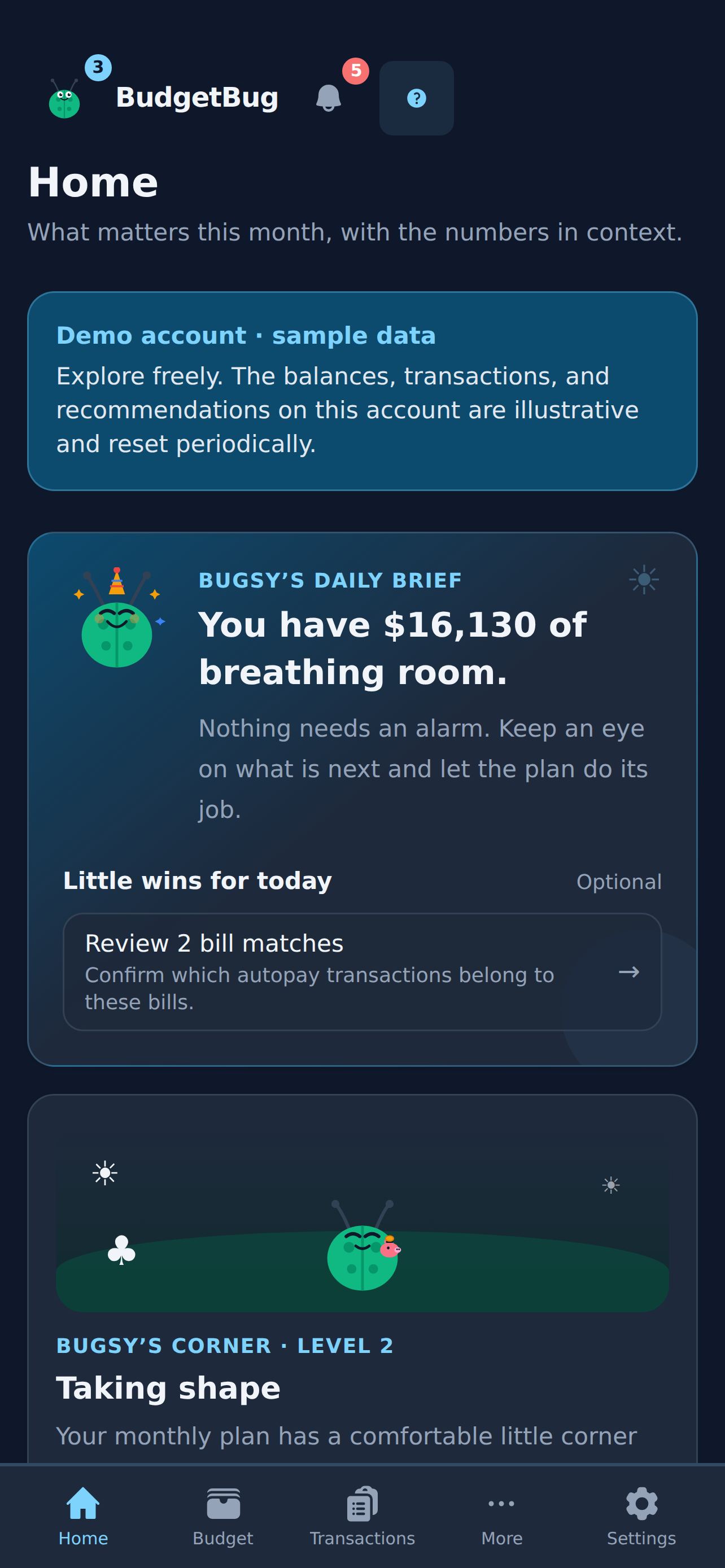 BudgetBug demo dashboard in dark mode