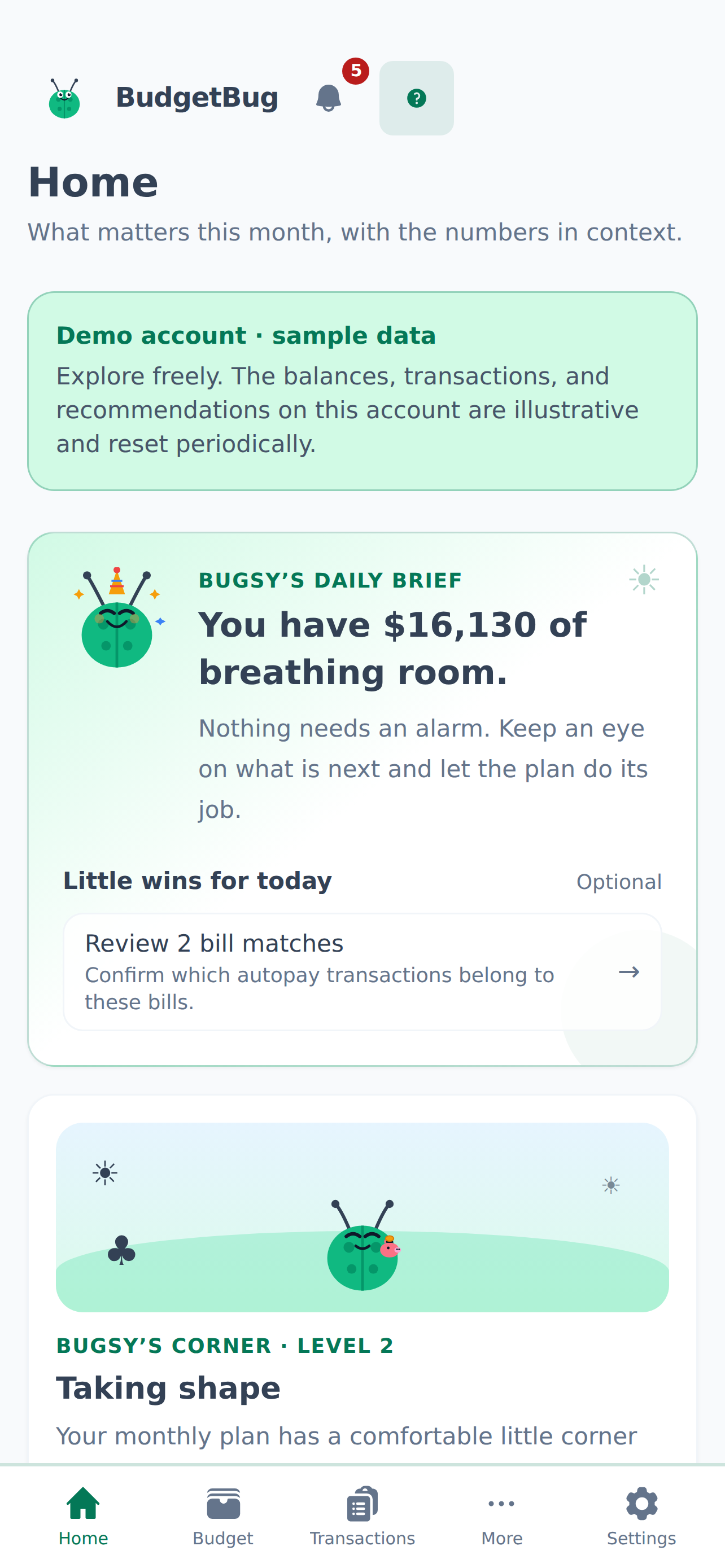 BudgetBug demo dashboard in light mode