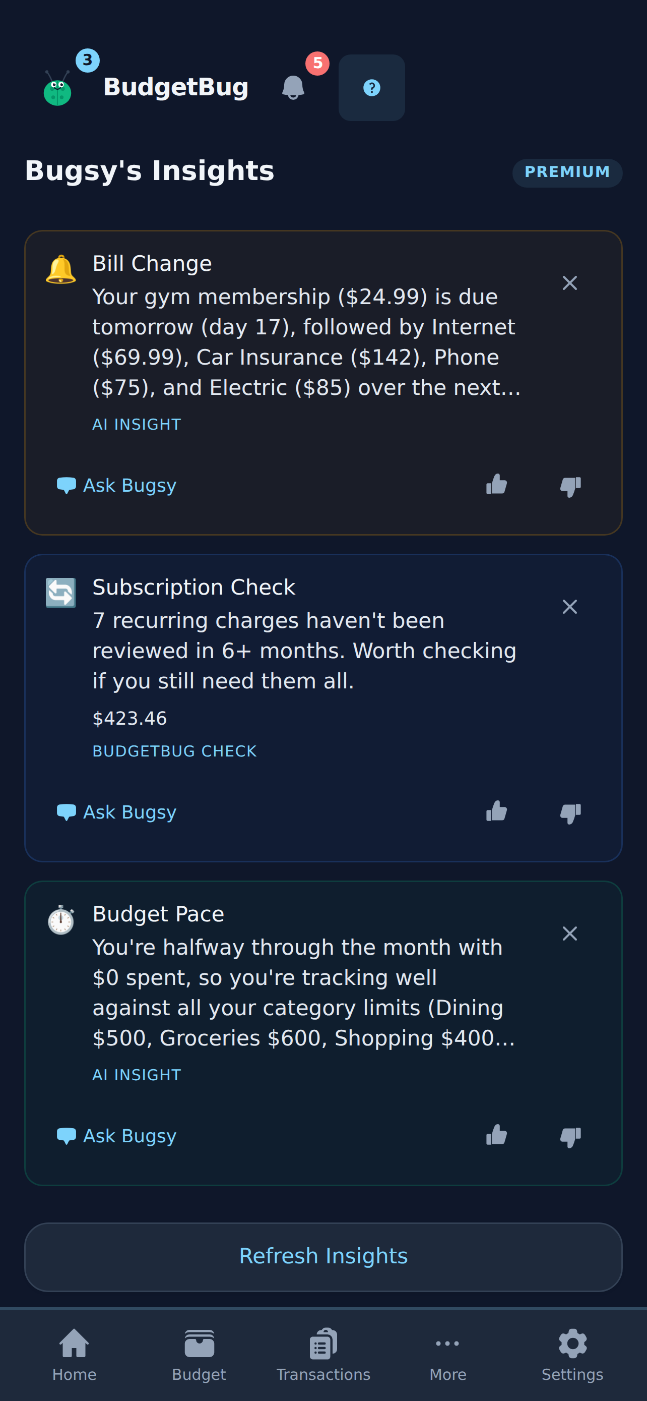 Bugsy insights screen in BudgetBug dark mode