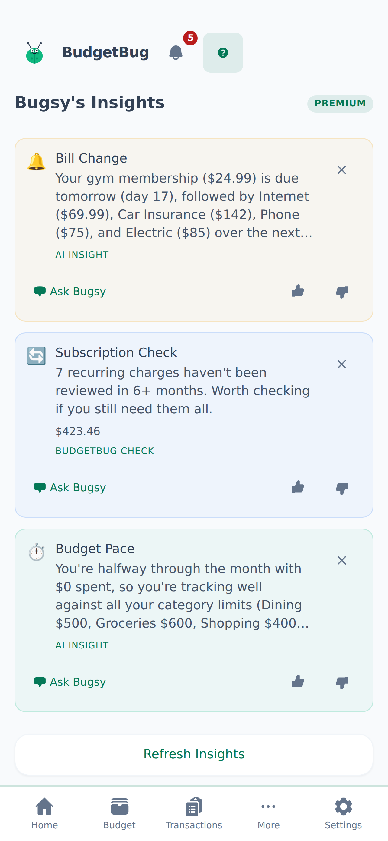 Bugsy insights screen in BudgetBug light mode