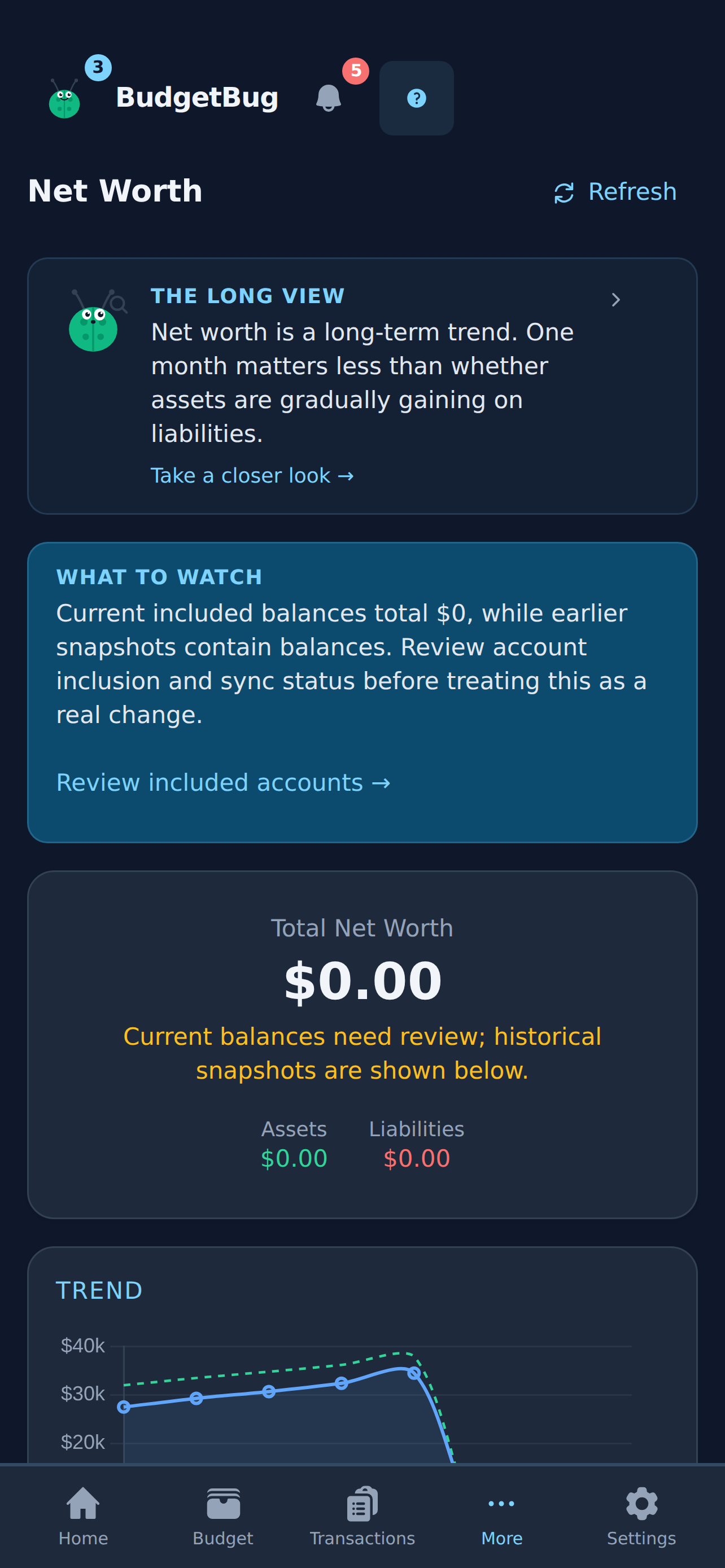 Net worth screen in BudgetBug dark mode
