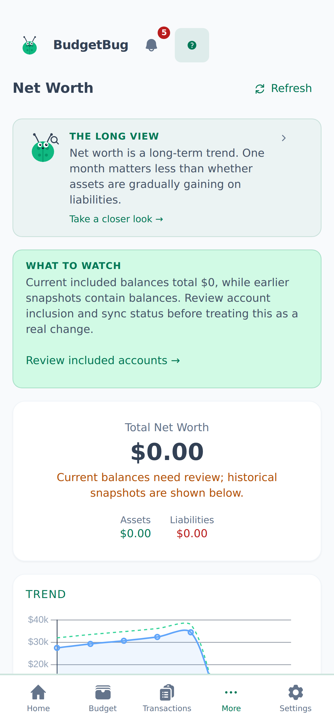 Net worth screen in BudgetBug light mode