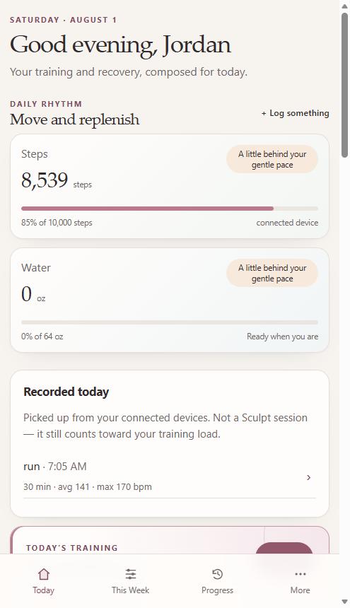 Sculpt Studio — Today screen showing daily step and water rhythm plus a recorded run