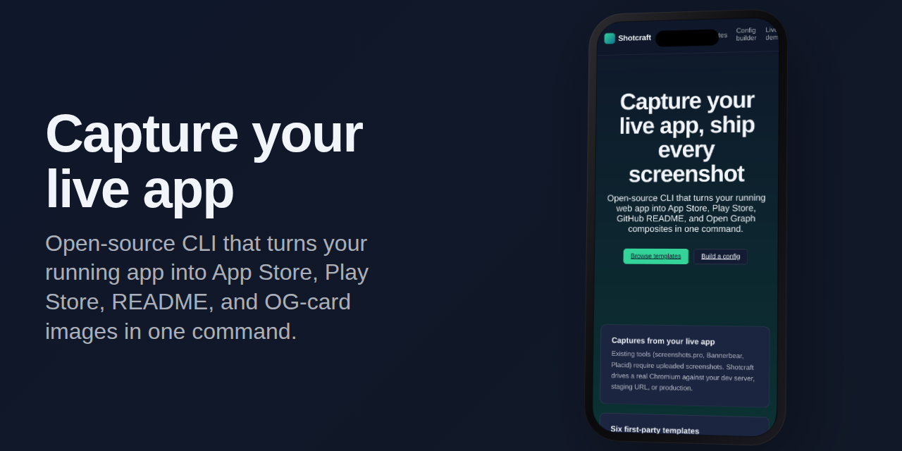 Shotcraft — capture your live app, ship every screenshot you need.