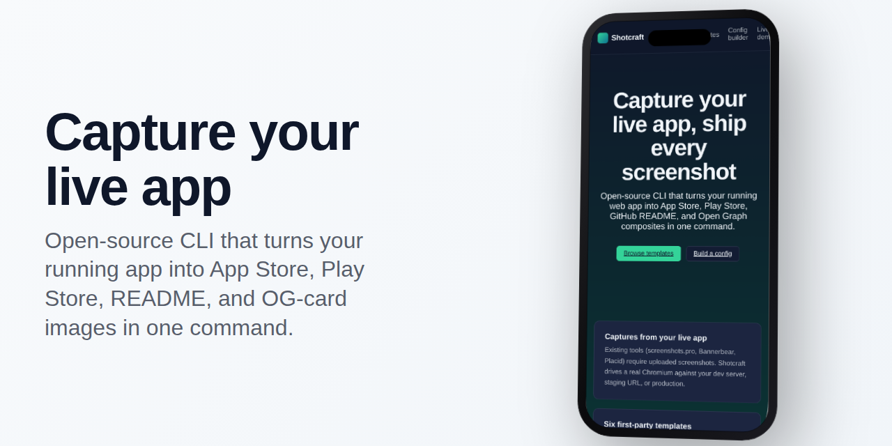 Shotcraft — capture your live app, ship every screenshot you need.
