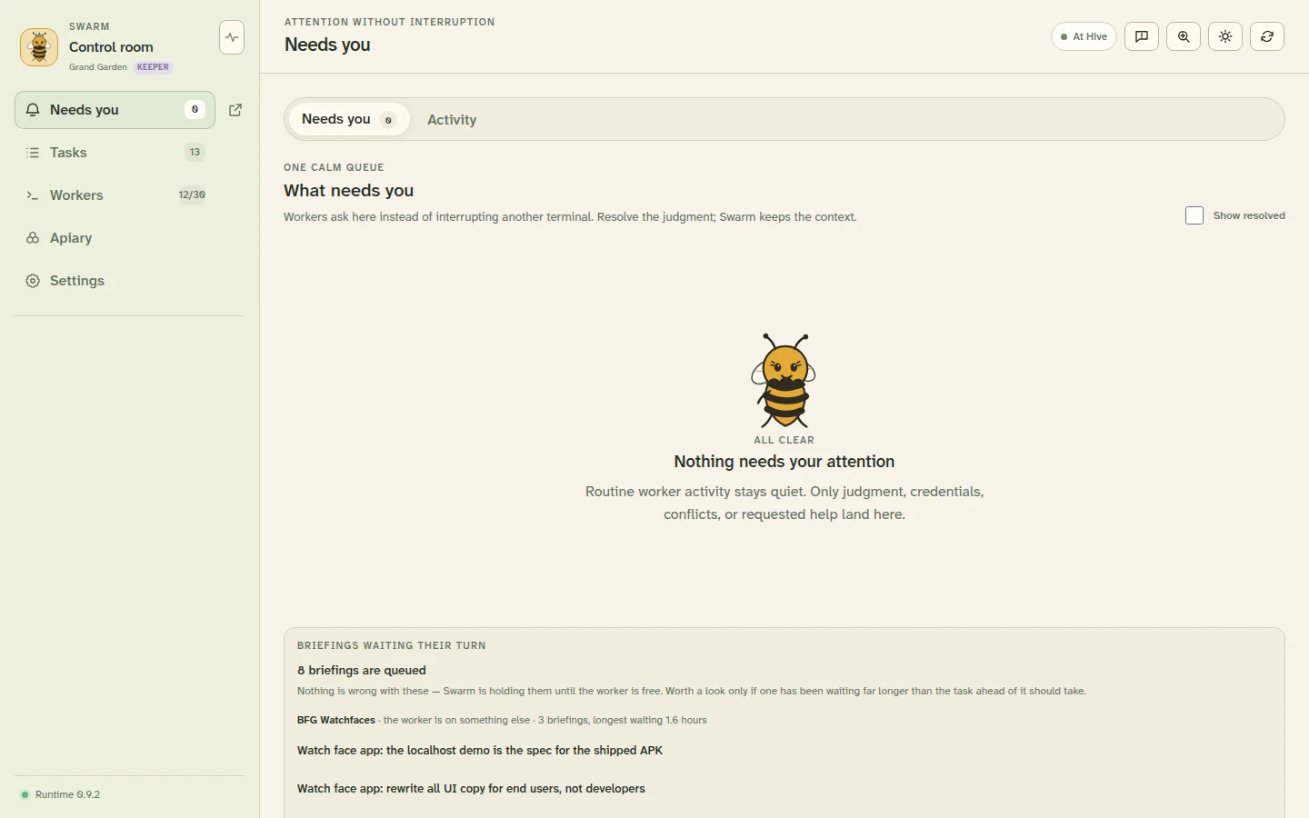 The Needs you screen in Swarm
