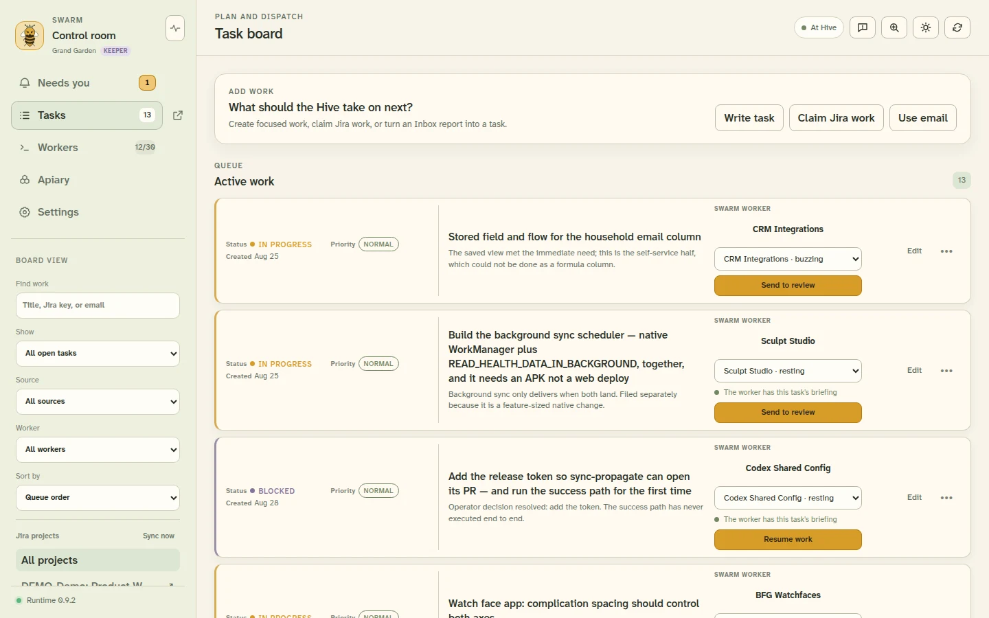 The Task board screen in Swarm