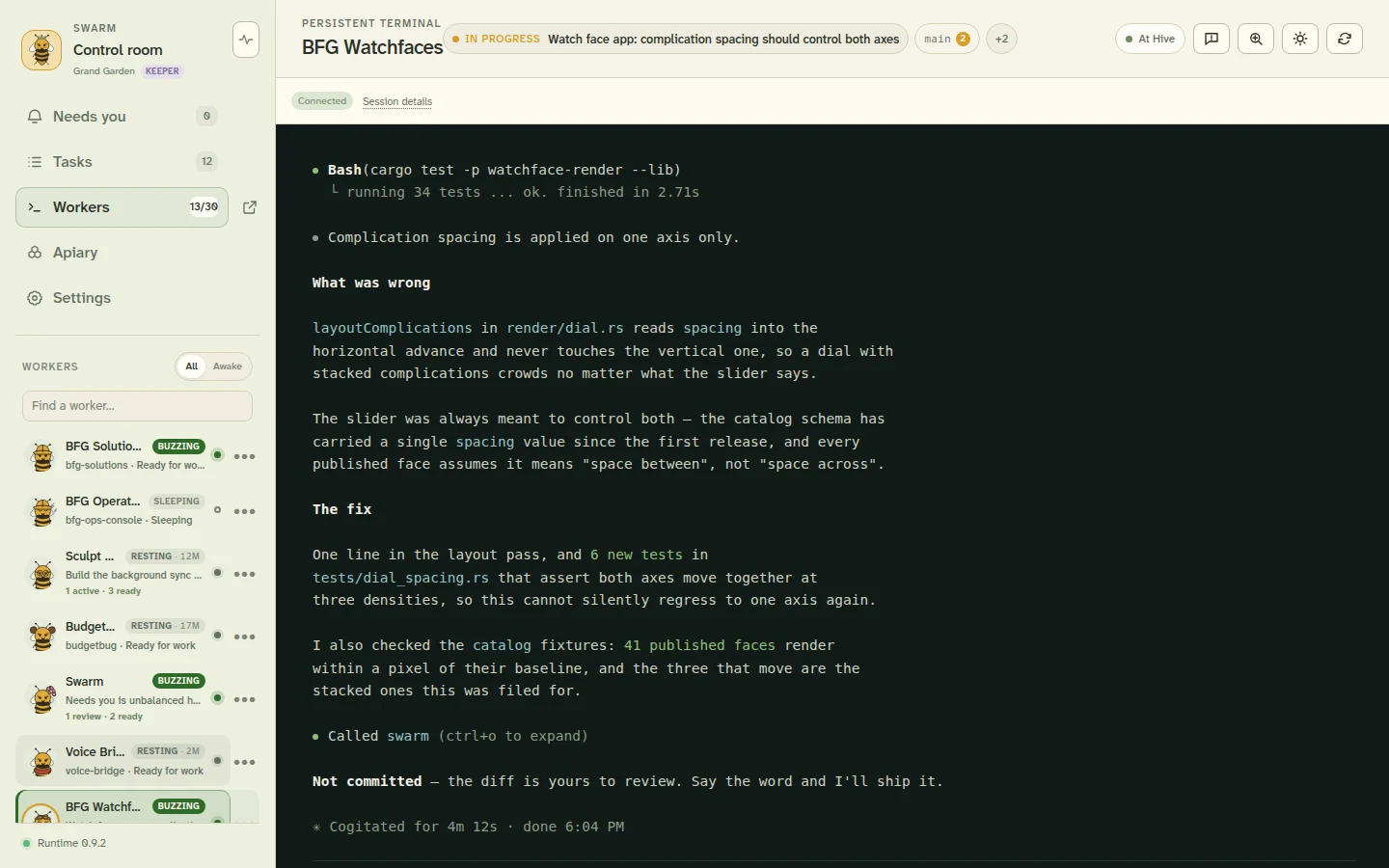The Swarm control room — worker roster on the left, a live agent terminal filling the pane