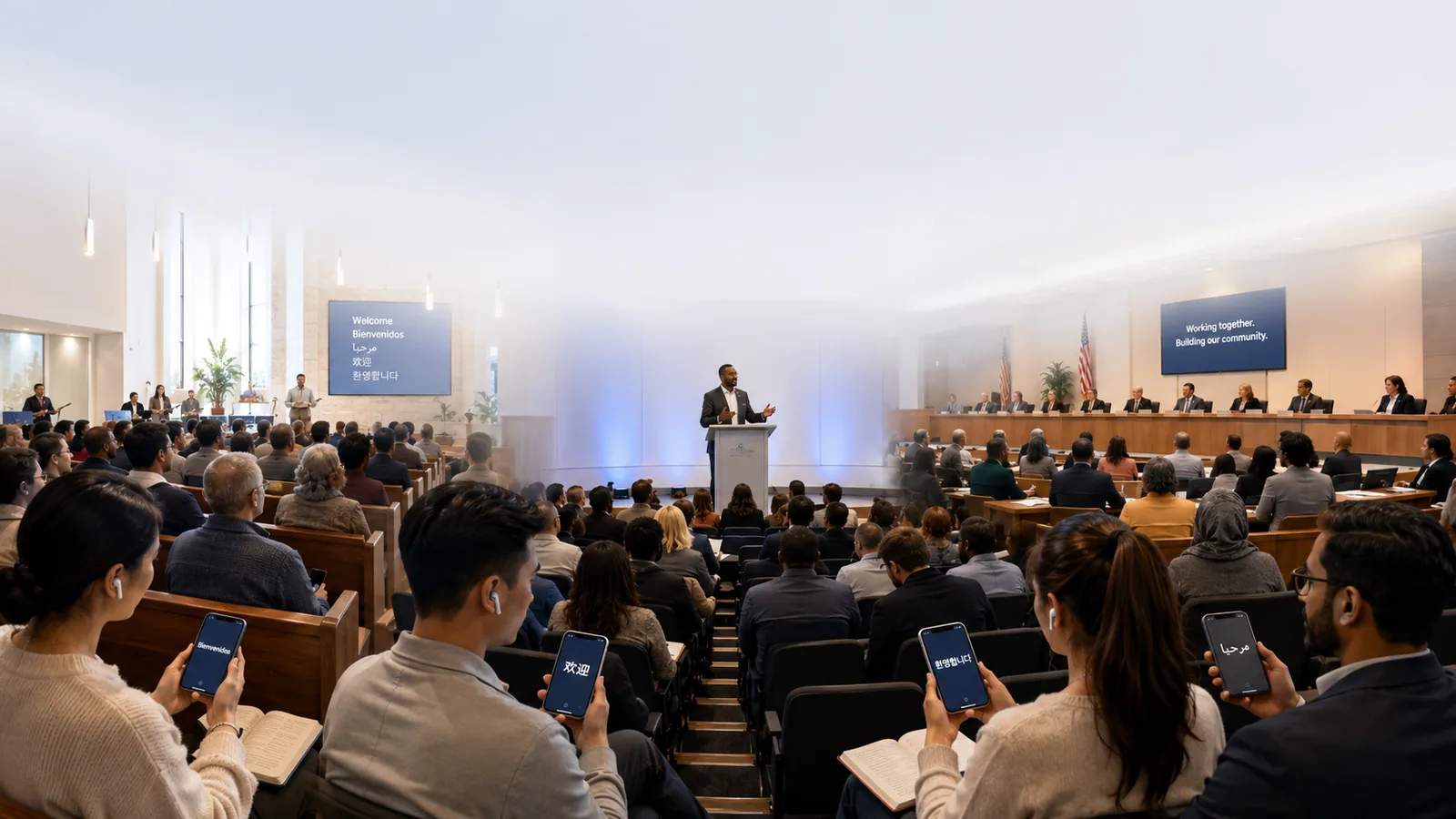 VoiceBridge host and listener experience for a live translated broadcast