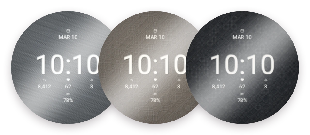 Three engine-turned watch dials — a bright brushed steel, a warm knotwork taupe, and a dark knotwork graphite