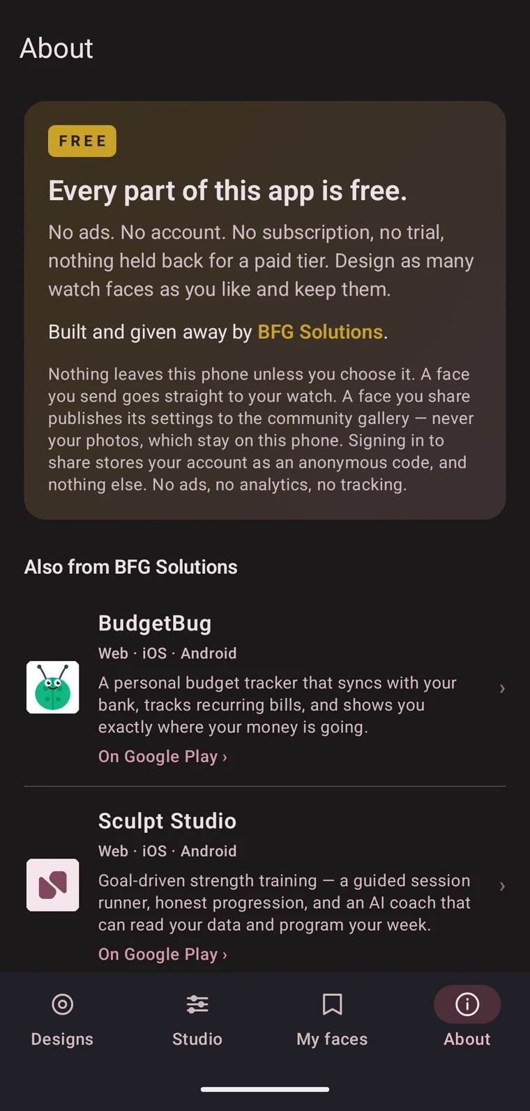 The About tab, stating that every part of the app is free in dark mode