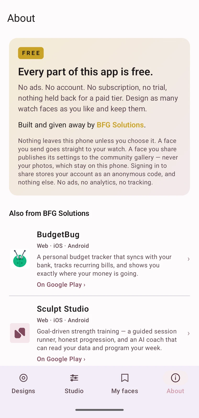 The About tab, stating that every part of the app is free in light mode
