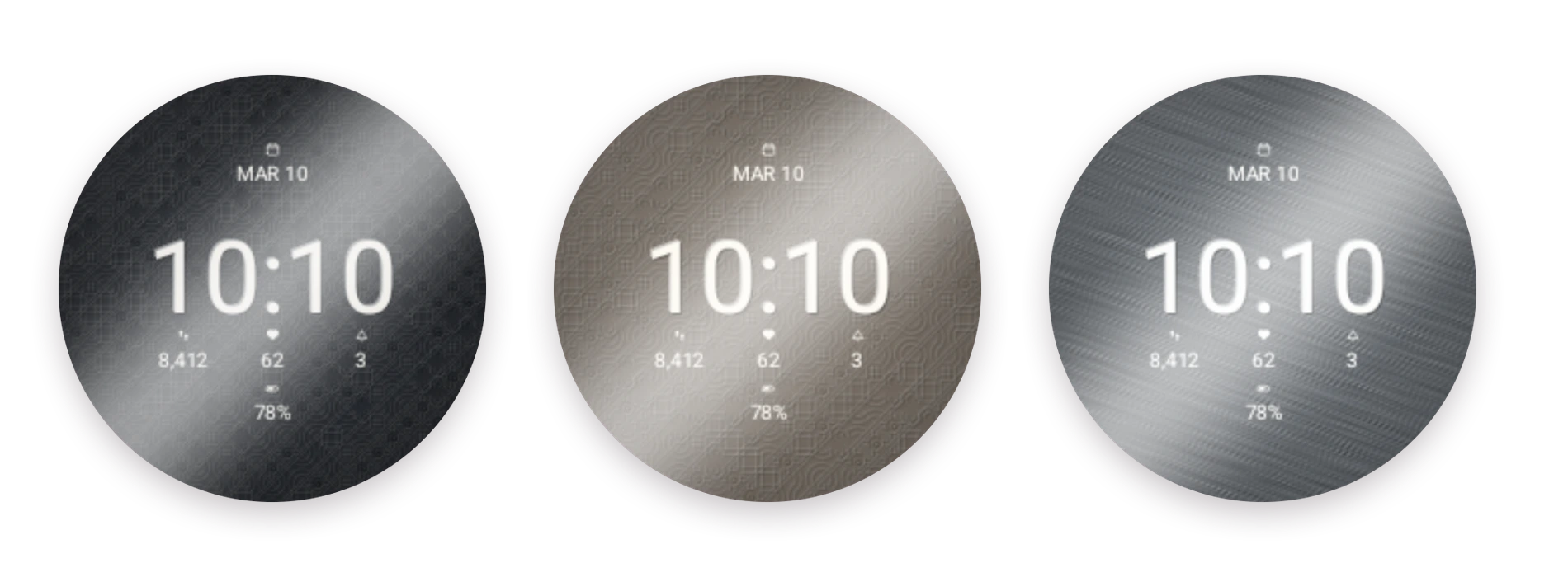 Three finished dials — a dark knotwork graphite, a warm knotwork taupe, and a bright brushed steel