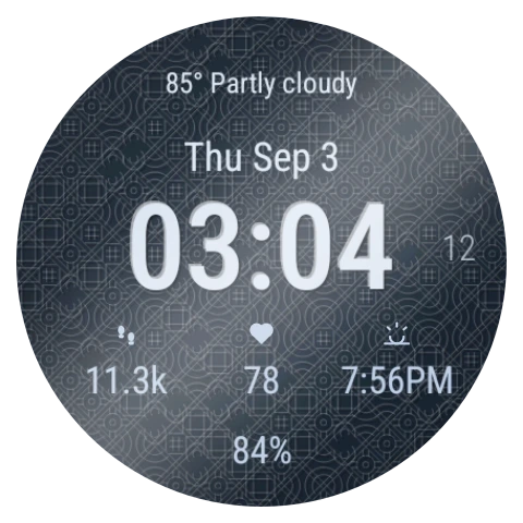 A dial on the watch, showing weather, date, time, steps, heart rate, sunset and battery