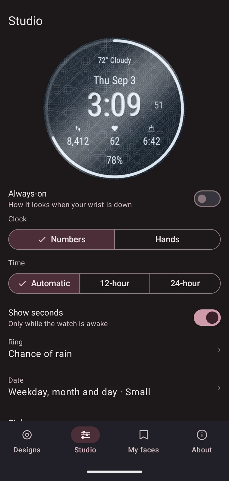The Studio tab, with a live dial preview above its controls in dark mode