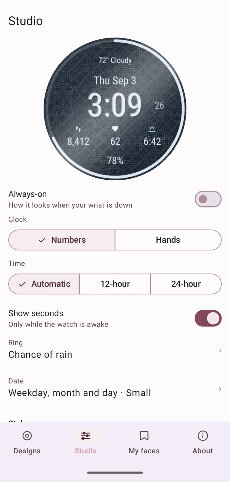 The Studio tab, with a live dial preview above its controls in light mode