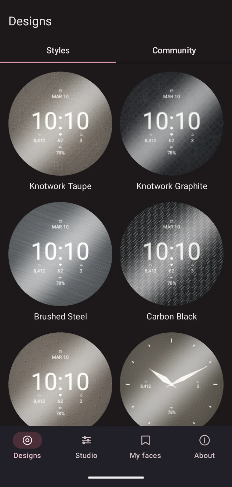 The Designs tab, showing ready-made dials in dark mode