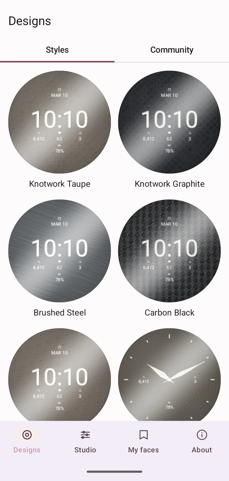 The Designs tab, showing ready-made dials in light mode