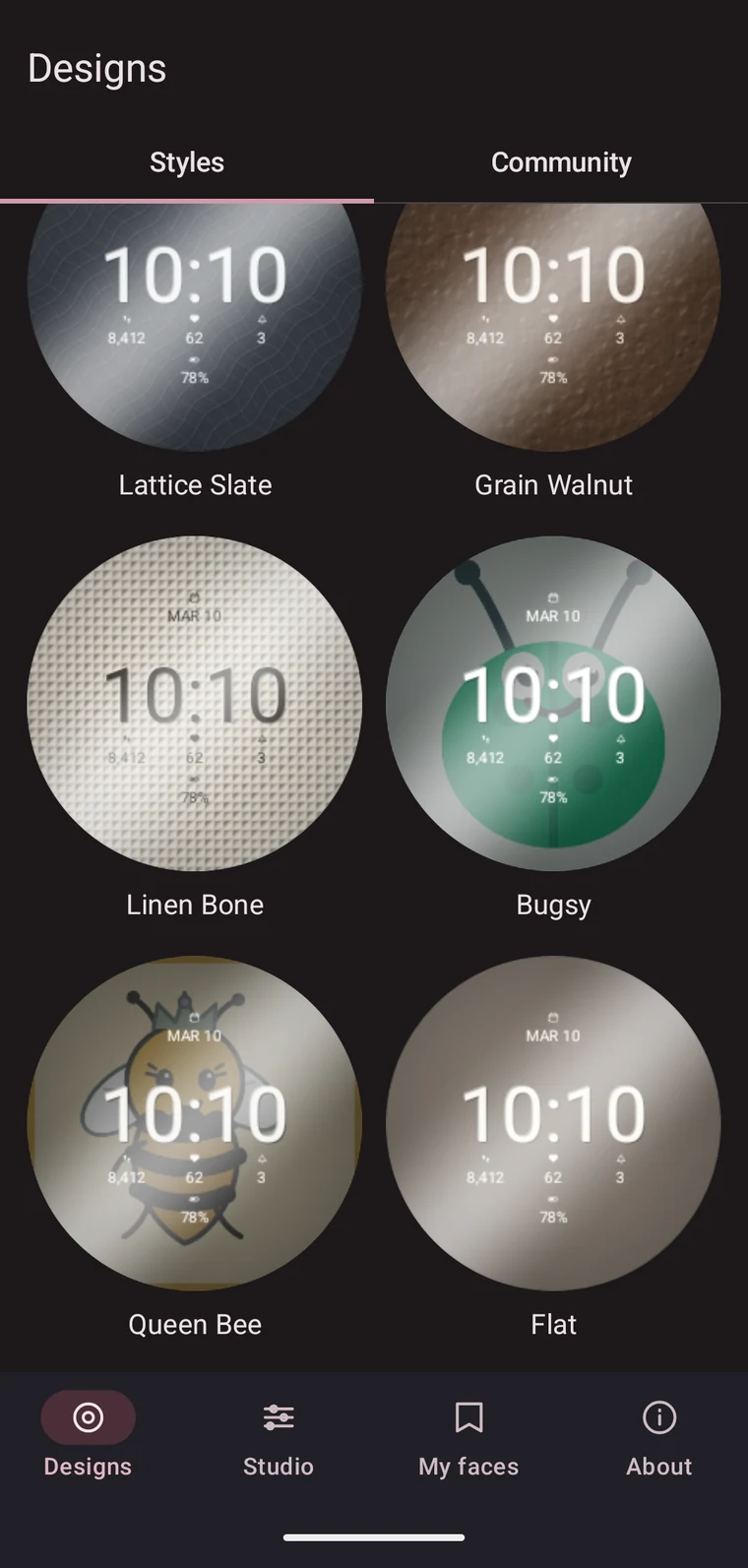 The Designs tab showing Linen Bone, the Bugsy dial, the Queen Bee dial and Flat in dark mode